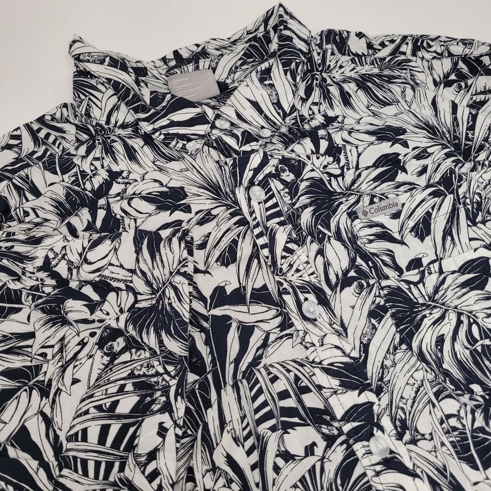 Columbia Button Up Shirt Mens Large Black White Excellent Tropical Leaf XM0795